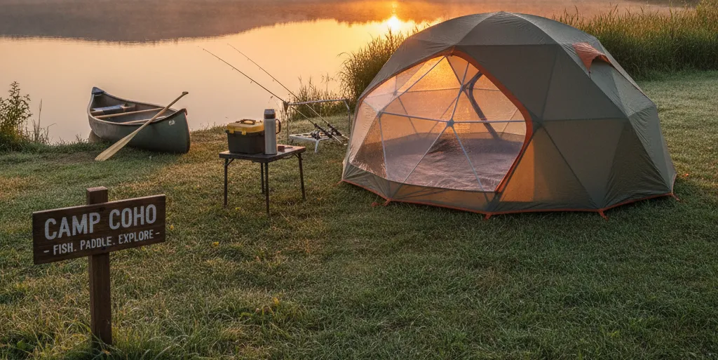 A tent pitched by a calm fishing lake at sunrise, for an activity-focused campsite.